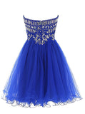 Cheap Blue Sweetheart Cute A-line Tulle Beading Short Mini Homecoming Dresses