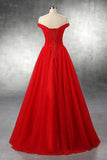 Elegant A Line Off The Shoulder Red Lace-up Floor-Length Prom Dresses