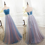 Vintage Tulle Long Strapless Blue Lace-up Prom Dress