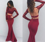 Two Pieces Burgundy Sexy Backless Lace Long Sleeves Evening Dress