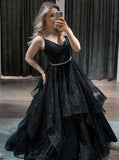 Shiny Ball Gown Navy Blue Tulle Long Prom Dress