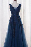 A Line Tulle Appliques Beaded Sleeveless Backless Blue V-Neck Prom Dress