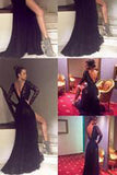 Sexy V Back Black Long Sleeves Lace Side Split Long Prom Dress