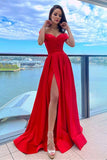 A Line Party Dresses Satin Red Off-the-Shoulder Prom Dresses With Front Split PD0238