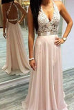 Pink V-Neck Lace Appliques Sleeveless Open Back Chiffon Prom Dresses