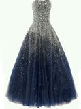 Best Navy Blue Strapless Floor Length Tulle Beading Prom Dress