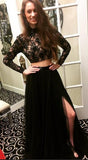 Long Sleeves Black Two Pieces Beaded Lace Prom Dresses