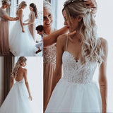 Elegant Tulle Spaghetti Straps V-Neck Beaded Appliqued A-line Wedding Dress W1154