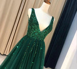 A Line V-Neck Backless Dark Green Tulle Prom Dresses with Sequins PH696