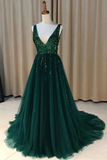 A Line V-Neck Backless Dark Green Tulle Prom Dresses with Sequins PH696