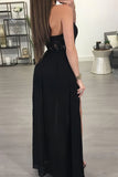 A Line Halter Black Floor Length Appliques Chiffon Sexy Long Prom Dresses