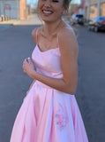 A-line Spaghetti Straps Pink Satin Long Prom Dress With Pockets