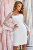 White Square Neck Long Mesh Sleeves Bandage Homecoming Dresses