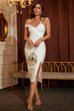 White Spaghetti Straps Off the Shoulder Bandage Homecoming Dresses