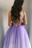 A Line Deep V-Neck Open Back Ombre Tulle Beading Prom Dress PW77