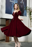 A Line Short Sleeve Tea Length Velvet See Through Neck Princess Prom Dresses S04