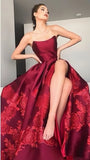 A Line Strapless Burgundy Satin Prom Dress with Appliques P1363