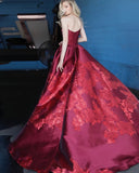 A Line Strapless Burgundy Satin Prom Dress with Appliques P1363