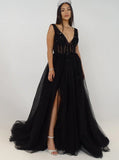 Pretty A-line Deep V-Neck Beading Tulle Prom Dress