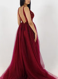 Pretty A-line Deep V-Neck Beading Tulle Prom Dress