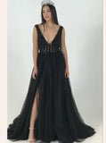 Pretty A-line Deep V-Neck Beading Tulle Prom Dress