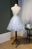 A Line Sky Blue Beaded Lace Up Ball Gown Tulle Homecoming Dresses