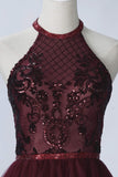 Elegant Short Burgundy A Line Halter High Neck Homecoming Dress