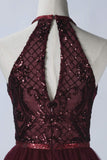 Elegant Short Burgundy A Line Halter High Neck Homecoming Dress