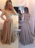 Hot Selling A-Line Cowl Floor Length Gold With Long Sleeves Prom Dresses