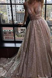 Honorable Deep V-Neck Court Train Pink Backless Prom Dress Sequins