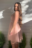 Pink Deep V-Neck Backless Tulle Short Homecoming Dresses