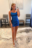 Shiny Blue Sequins Lace Up Short Homecoming Dresses