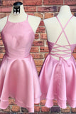 Candy Pink Spaghetti Straps Sleeveless Stain Short Prom Dresses Homecoming Dresses