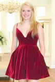 A- Line Burgundy Spaghetti Straps V-Neck Velvet Short Homecoming Dress