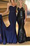 Sweetheart Navy Blue Mermaid Prom Dress with Sash Sweep Train PM596