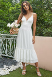 Elegant Sleeveless White Lace Spaghetti Straps Long Homecoming Dress