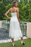 Elegant Sleeveless White Lace Spaghetti Straps Long Homecoming Dress