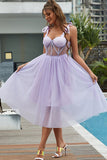 Spaghetti Straps V-Neck Purple Tulle Short Homecoming Dress Prom Dress