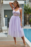 Spaghetti Straps V-Neck Purple Tulle Short Homecoming Dress Prom Dress