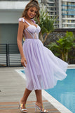 Spaghetti Straps V-Neck Purple Tulle Short Homecoming Dress Prom Dress