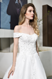 A Line Off The Shoulder Appliques Beading Tulle Chapel Train Wedding Dress WH42388