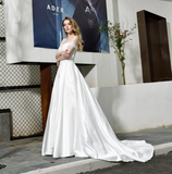 A Line Off The Shoulder Appliques Silk Like Satin Wedding Dress WH32382