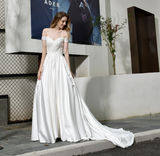 A Line Off The Shoulder Appliques Silk Like Satin Wedding Dress WH32382