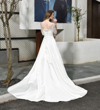 A Line 3/4 Sleeve Appliques Satin Court Train Wedding Dresses WH32387