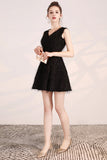 Black V-Neck Slim Sleeveless Sparkling Short Homecoming Dress DTH0015