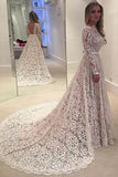 Long Sleeves Full Lace Open Back Sash Large Train Unique Style Vintage Wedding Dress P13