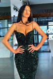 Mermaid Spaghetti Strap Dark Green Sequins Long Prom Dresses PD0195