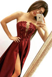 Elegant A line Strapless V-Neck Burgundy Beads Prom Dress with Slit P1477