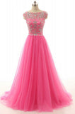 A Line Round Neck Beading Tulle Long Prom Dress PH554