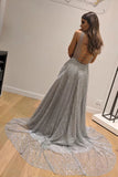 Chic A Line Silver Backless V-Neck Fashion Custom Unique Long Prom Dress P1199